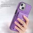 thumbnail image 5 of Compatible with iPhone 14 Plus Card Slot Back Case, 360 Degree Rotatable Ring Stand Plating Button PU Leather Support Magnetic Car Mount Phone Case Cover for iPhone 14 Plus, Purple, 5 of 14