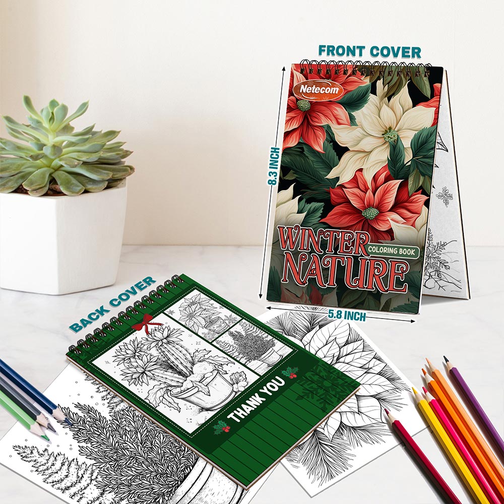 Netecom Winter Nature Coloring Book Spiral Bound for Adults, A5 Wooden Cover, 30 Beautiful Coloring Pages of Forest in Peaceful Snowy Landscapes for Stress Relief and Relaxation
