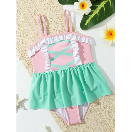 

Toddler Girls Colorblock Ruffle Hem One Piece Swimsuit Swimwear Beachwear S221905X Multicolor 100(3-4Y)