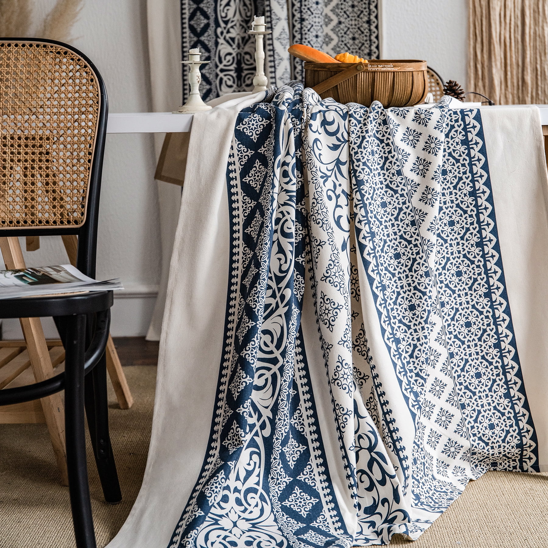 VOGOL Country Strip Printed Curtains, Rod Pocket Solid Window Treatments Drapes for Bedroom Office Decor, 1 Panel, Navy Blue and Beige, 59 x 79 Inches