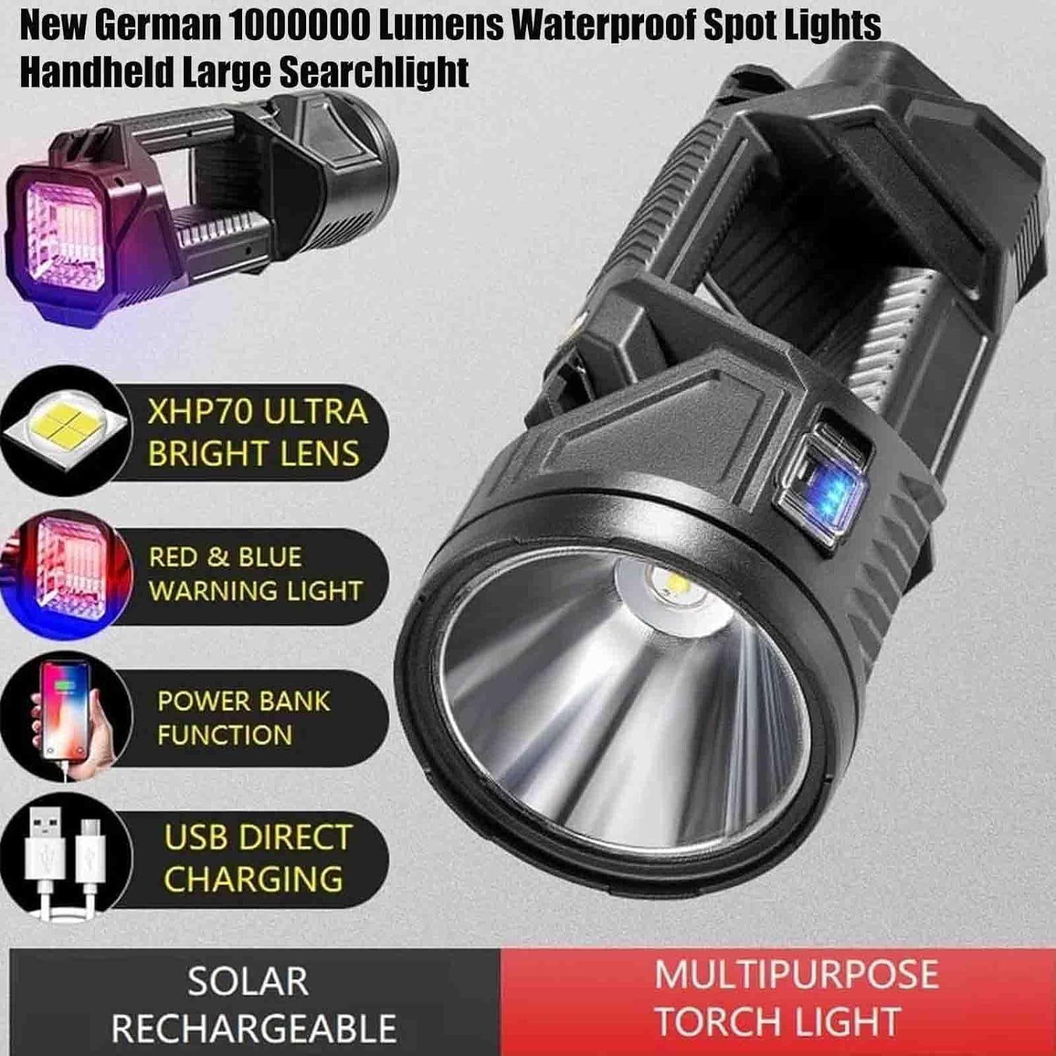 New German 1000000 lumens Waterproof Spot Lights Handheld Large searchlight, Asaruley Light, Spot Lights Outdoor Handheld, Rechargeable Solar Tactical Flashlight (S)