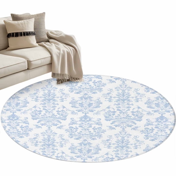 Blue Boho Floral Round Rug 3ft Area Rug Washable Soft Non-Slip 3' Circle Low Pile Rugs Farmhouse Middle Century Flowers Carpet for Bedroom Living Room Entryway Home Office Dining Room