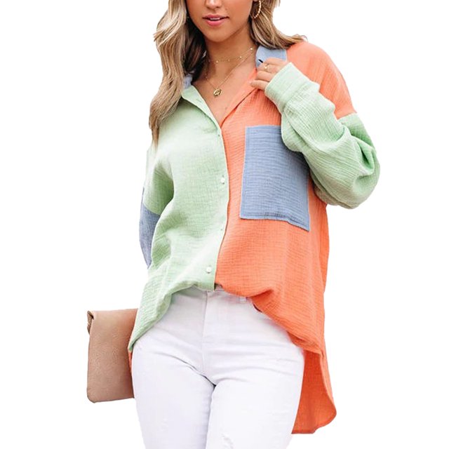 Blusa de mujer a juego de colores Camisa ligera con hombros caídos de moda para fiesta de trabajo Naranja Verde S