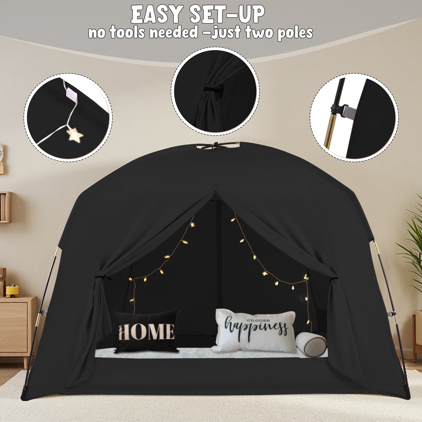 Bed Tents for Kids and Adult Portable 100% Breathable and 93% Blackout Toddler Dream Play Tent 3 Doors Big Privacy Sleep Canopy(Black, Twin-Size)