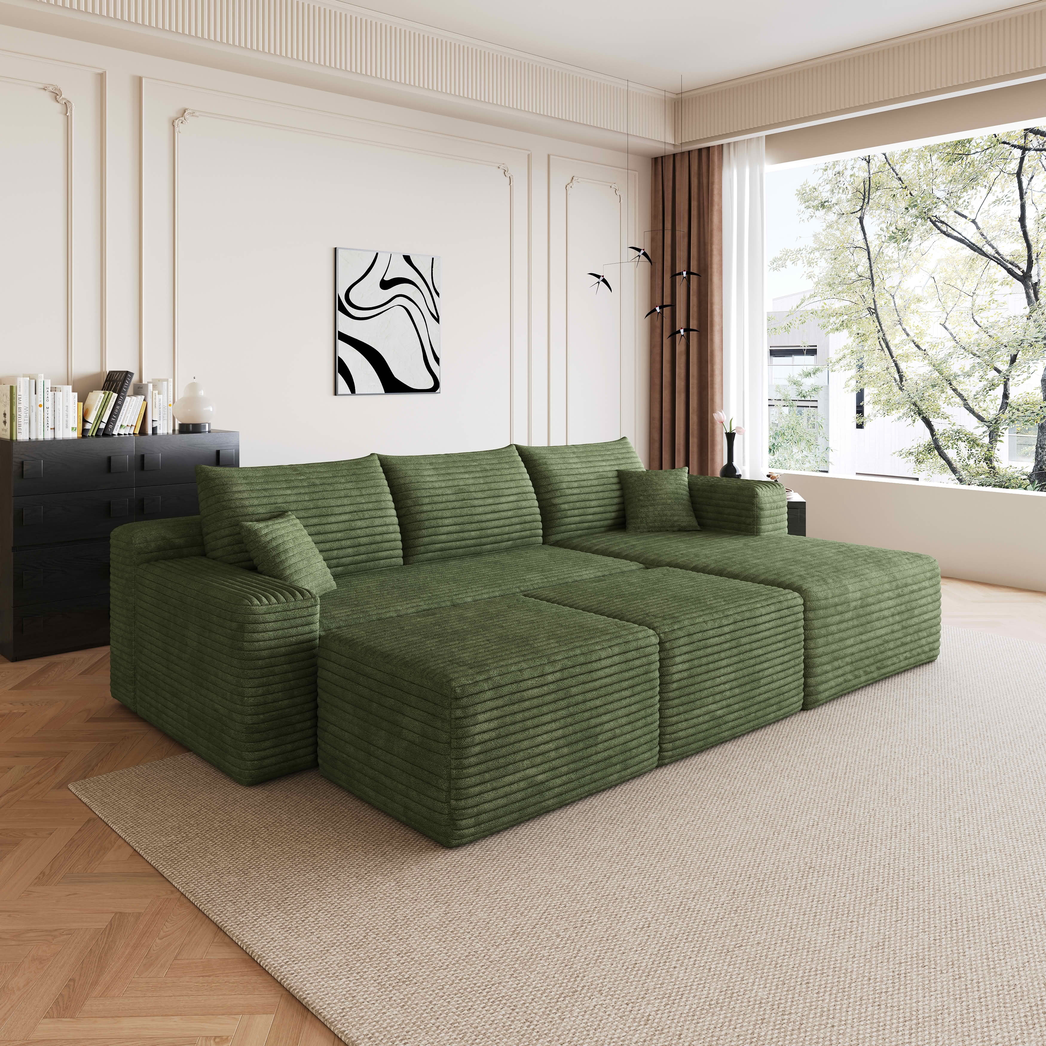 MAYEERTY 95 Inch U‑Shaped Cloud Sectional Sofa with 2 Ottomans, Modern Deep‑Seat Corner Couch, Plush Corduroy Reversible Sofa, No‑Assembly for Living Room Bedroom Apartment