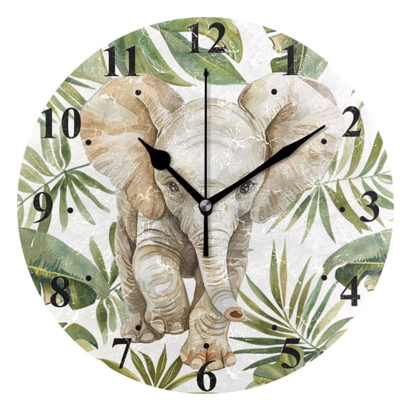 Elephant with Leaves Black 10 inch Wall Clocks Non Ticking Easy to Read Battery Decorative for Home Bathroom Kitchen Bedroom Living Room
