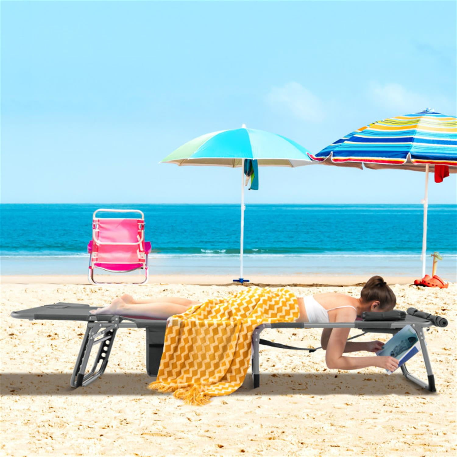 Demi Bonn 5-position Outdoor Patio Folding Chaise Lounge Chair for Outside Pool, Sunbathing and Reading on Stomach, Gray