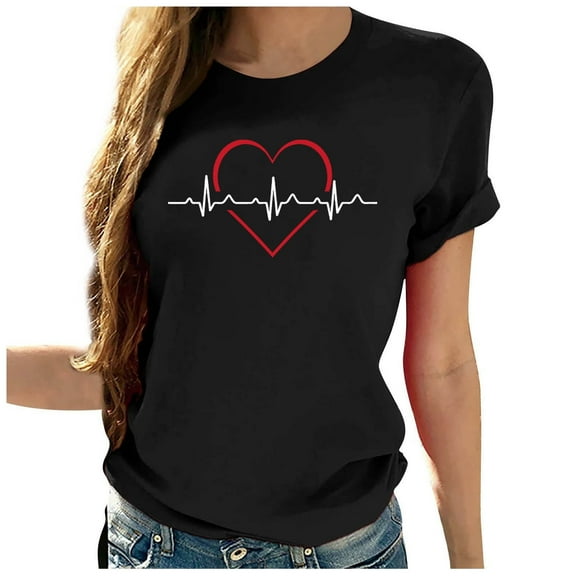 WREESH Casual Women's Heartbeat T-Shirts Cute Short Sleeve Graphic Crew Neck Blouses Black