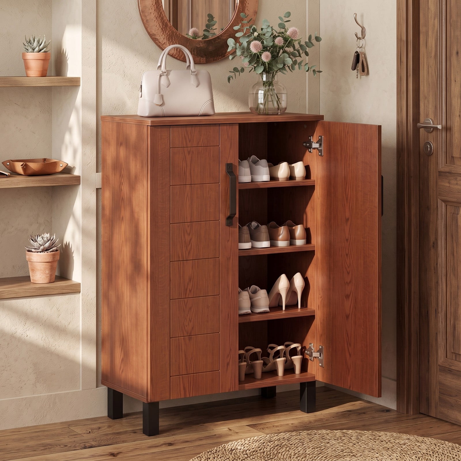 Furnibear 5-Tier Shoe Storage Cabinet Freestanding Wooden Shoe Rack Organizer with Countertop for Entryway and Hallway, Brown