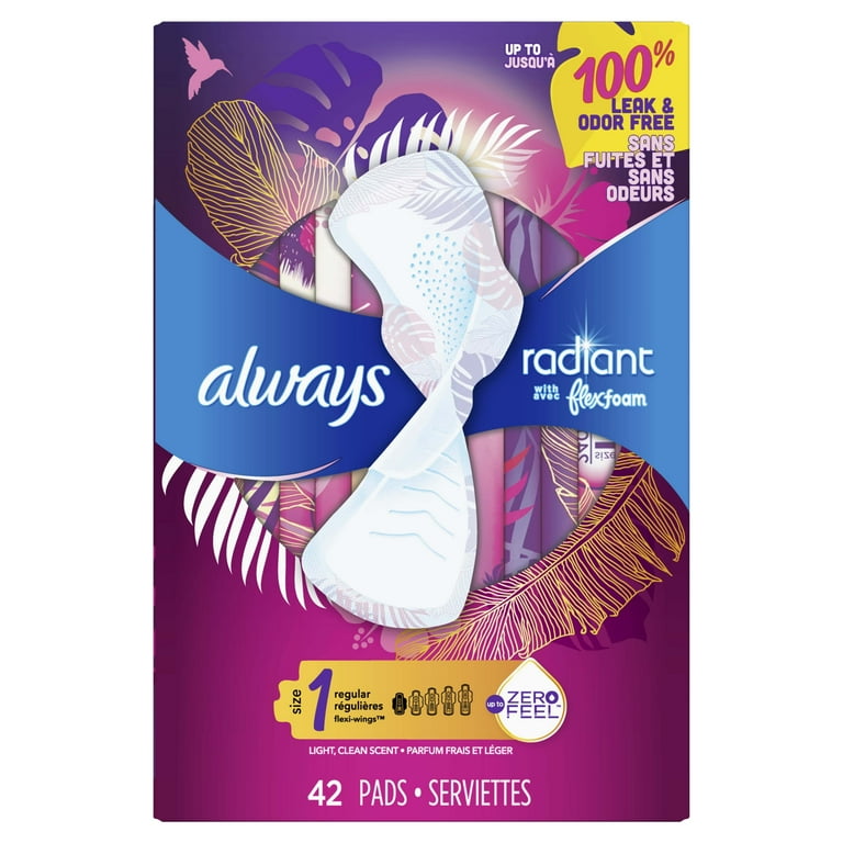 Always Radiant Feminine Pads with Wings, Size 1, Regular Absorbency,  Scented, 42 CT 