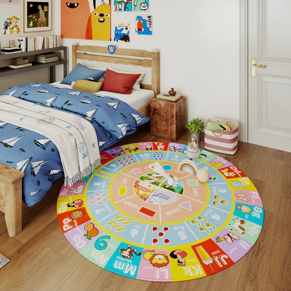 ASPILLOW Kids Educational Rug,Kids Round Carpet for Playroom,Soft & Non-Slip Area Rug for Learning ABC,Number,Animal, Shape,Season,Color and Fruit,47inch
