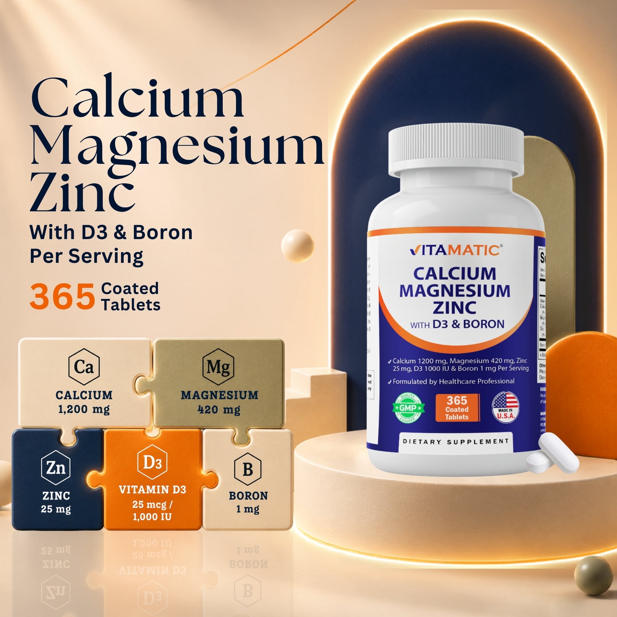 Vitamatic Calcium Magnesium Zinc D3 Boron | 365 Coated Tablets Supplement | Calcium 1200 mg, Magnesium 420mg, Zinc 25mg, Vitamin D3 1000 IU, Boron 1 mg | Non-GMO | Gluten Free | Made in USA