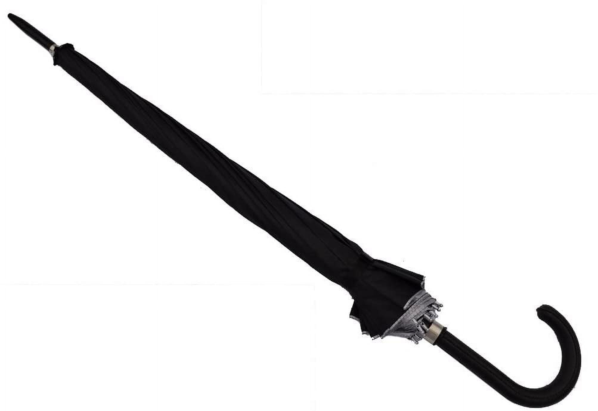 Rain Sun UV Protection Umbrella Large Full Size 42 Inches Canopy Coverage Windproof Auto Open J- Shape Stick Black w Sliver