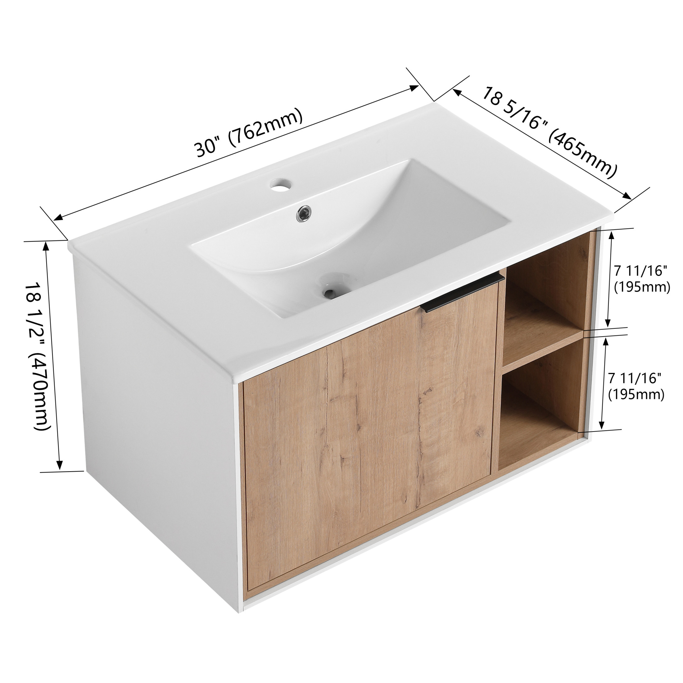 Noble House 30" Floating Wall-Mounted Bathroom Vanity, Ceramic Sink, Soft-Close Door, Open Racks, Imitative Oak