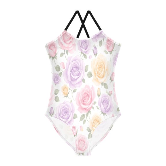 Girls' One-piece Swimsuit Cross Back Bathing Suit Beach Surfing Sizes 3T Rose Pattern in Warm Tones