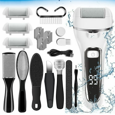 TiokMc Electric Callus Remover for Feet, Portable Foot File Pedicure Tools, Waterproof 18 in 1 Pedicure Kit for Cracked Heels Calluses and Dead Skin, with 3 Roller Heads 2 Speed, Battery Display