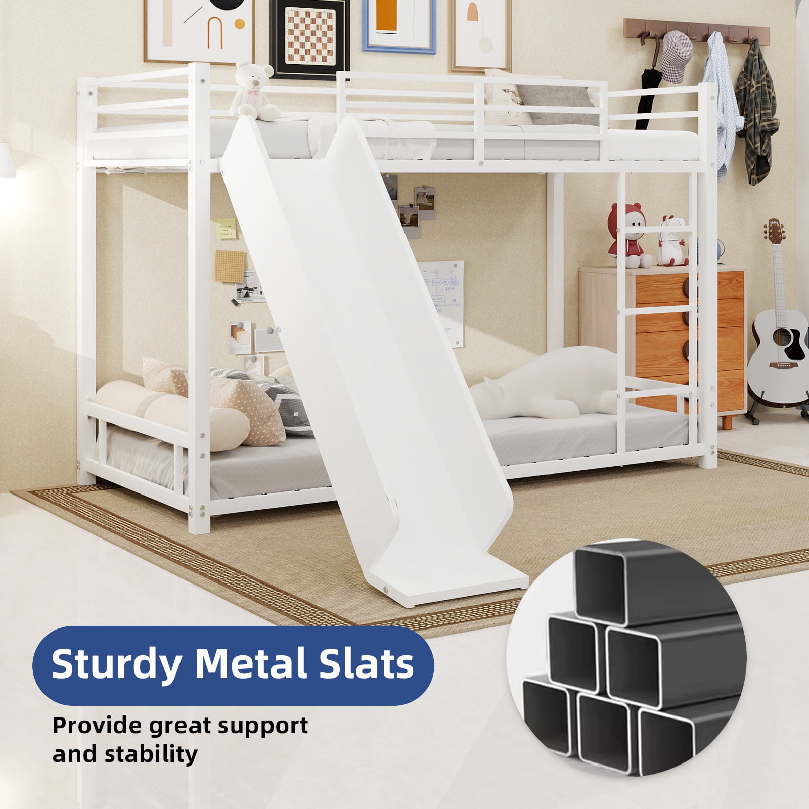 Leumius Twin Bunk Bed with Slide,Heavy Duty Metal Bed Frame with Ladder and Durable Guardrail,Space Saving,Easy Assembly,White