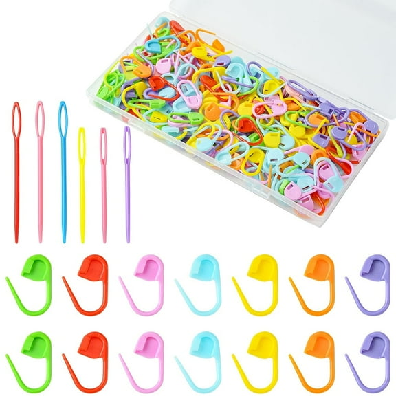 1set Plastic Knitting Tool Kits include 1set Knitting Needles and 200pcs Locking Stitch Marker Mixed color 2.2~9x1.1~6x0.3cm