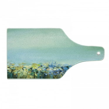 Flower Cutting Board, Aqua Impressionist Depiction of a Field Paint with Blooms Tranquil Concept Print, Decorative Tempered Glass Cutting and Serving Board, Wine Bottle Shape, Pale Blue, by Ambesonne
