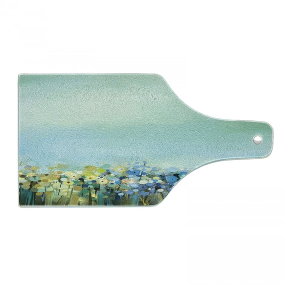 Flower Cutting Board, Aqua Impressionist Depiction of a Field Paint with Blooms Tranquil Concept Print, Decorative Tempered Glass Cutting and Serving Board, Wine Bottle Shape, Pale Blue, by Ambesonne