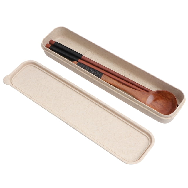 Juego de 3 cucharas y palillos de madera, cubiertos portátiles, práctico kit de vajilla con caja para fiestas, viajes y picnics (colores surtidos).