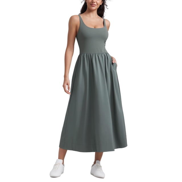 Vestido CRZ YOGA Maxi Fluido Sin Mangas con Relleno Gris Salvia M