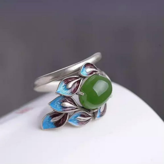EOEMY Jade Flower Rings Natural 925 Silver Women Jewelry Adjustable Ring Chinese-Green