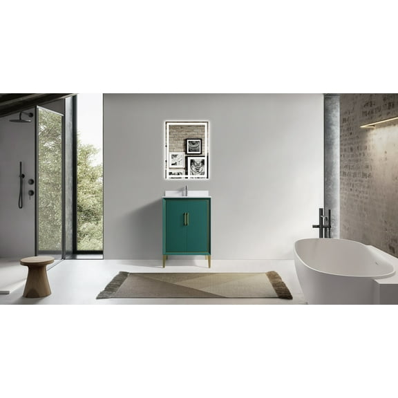 VSD 24in Single Sink Freestanding Bath Vanity in Green with White Cultured Marble Top