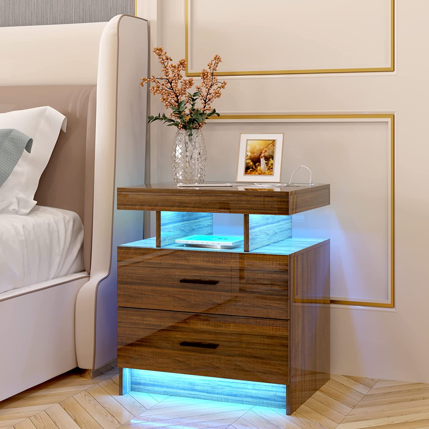 HNEBC LED Nightstand Beside Table with 2 USB Ports & Wireless Charging
