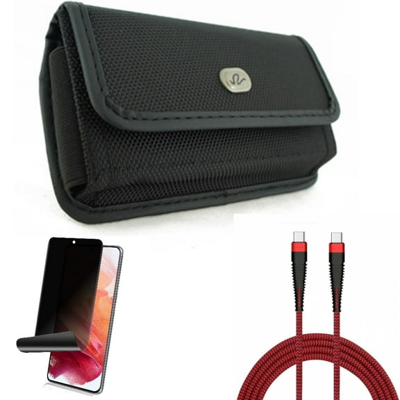 10ft PD Cable & Case Belt Clip & Privacy Screen Protector for Samsung Galaxy S22 (6.1") - Type-C to USB-C Charger Cord & Rugged Holster & TPU Film Fingerprint Works Accessory Bundle
