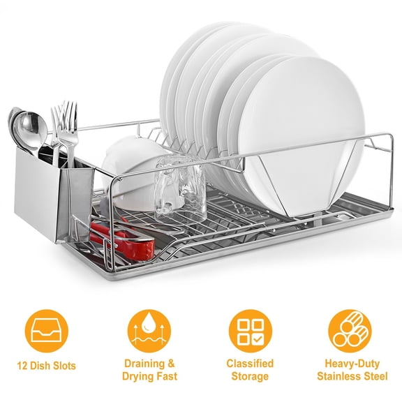 Stainless Steel Dish Drying Rack with Drainboard & Cutlery Holder - Heavy Duty Kitchen Dish Organizer for Plates Bowls Utensils
