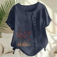 thumbnail image 2 of Flower T-Shirts Women Short Sleeve Crewneck Casual Tee Shirts Cotton Linen Blend Beach Vacation Blouses Ladies Summer Tops Navy Tops,Size S-2XL, 2 of 6