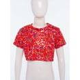 thumbnail image 4 of LiiYii Kids Girls Sparkly Leopard Print Jazz Hip Hop Disco Dance Crop Tops Dancewear Short Sleeve T-Shirt Red 7-8, 4 of 7