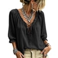 thumbnail image 2 of HaCpiu Women's Solid V-Neck Ruffle Blouse, Casual Loose 3/4 Sleeve Tie-Front Tunic Top, Lightweight Flowy Shirt with Elastic Ruffled Cuffs, Black L, 2 of 6