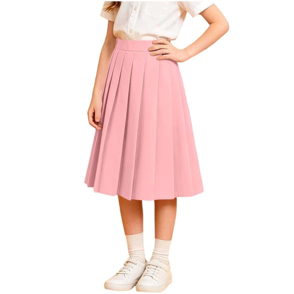 Eryao Girls Pleated Skirt High Waist Preppy Casual Knee-Length Uniform Skirts with Shorts Lightweight Basic Midi Skort Back to School Pink,7-8Years