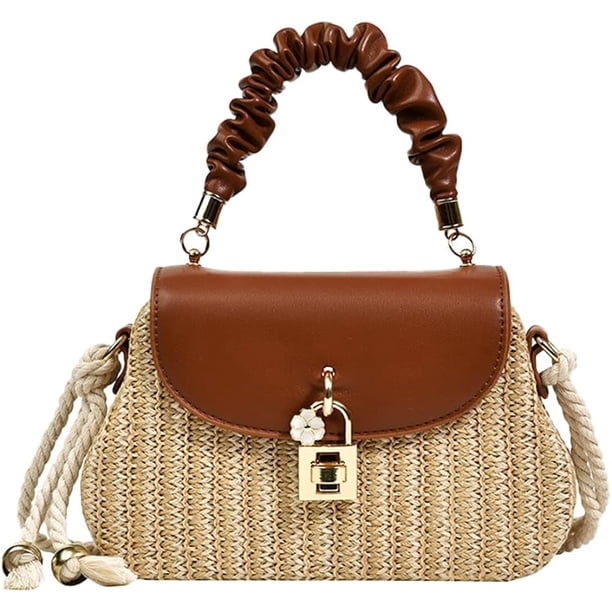 LHSHID Women Straw Crossbody Bag Leather Top Handle Straw Handbag Summer Straw Beach Bag Weave Shoulder Bag Rattan Clutch Purse