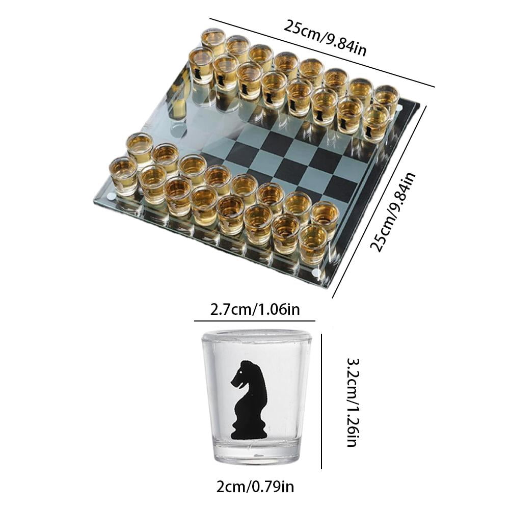 Glass Chess Set with 32 Shot Glasses for Adult Drinking Game and Home Decor