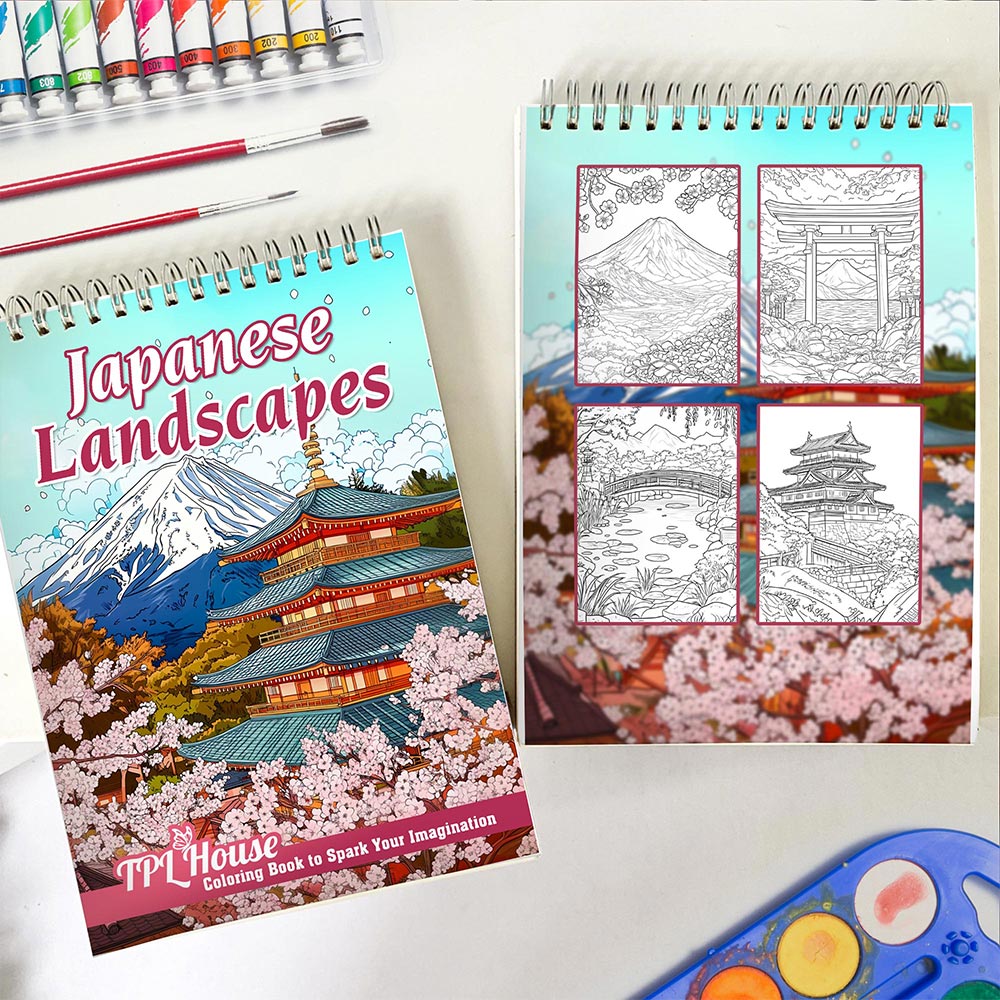 TPLHOUSE Japanese Landscapes Coloring Book for Adults, Spiral Bound, Soft Cover