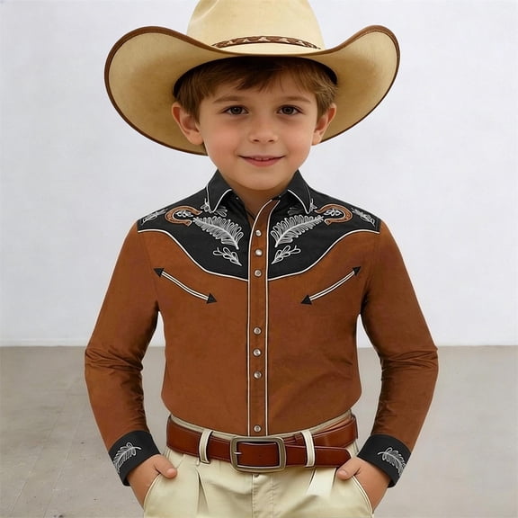 Boys Girls Western Cowboy Shirts Retro Short/Long Sleeve Button Down Shirt Floral Pockets Outfit Top, Retro Country Tops Outfit(Coffee,10-11 Years)