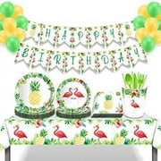 Flamingo Party Supplies Set, 113PCS Flamingo Pineapple Party Tableware Set Includes Dinner Plates, Paper Towels, Straws and Balloons, Suitable for Pineapple Flamingo Party and Tropical Party Supplies