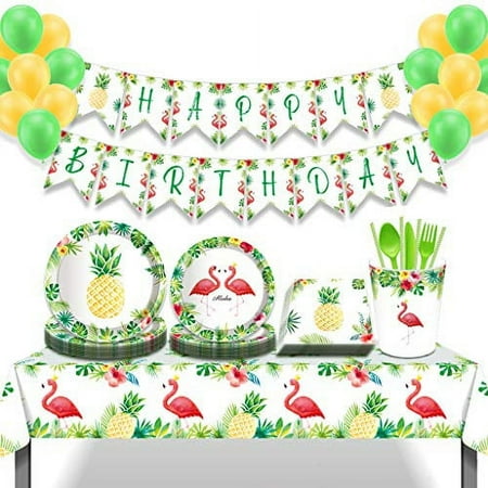 Flamingo Party Supplies Set, 113PCS Flamingo Pineapple Party Tableware Set Includes Dinner Plates, Paper Towels, Straws and Balloons, Suitable for Pineapple Flamingo Party and Tropical Party Supplies