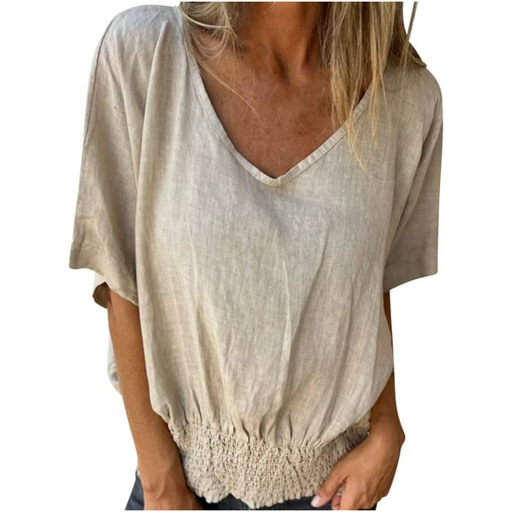 Mittory Women's Summer V Neck Short Sleeve T Shirt Solid Casual Loose Smocked Hem Blouse Lightweight Basic Tunics Tops