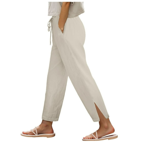 Pimfylm 2025 Linen Pants Women High Waist Elastic Drawstring Lounge Trousers Casual Lightweight Side Split Summer Beach Pants Khaki, XXL
