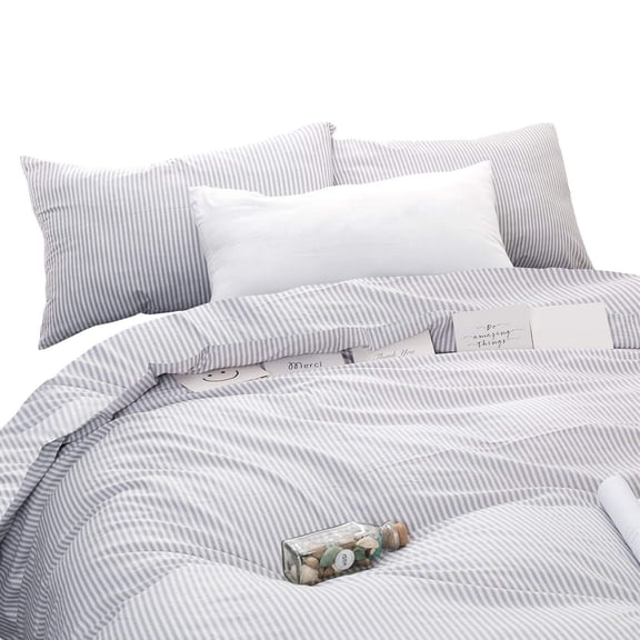 Striped Cotton Duvet Cover Set Gray White Twin/Twin XL Farmhouse Bedding