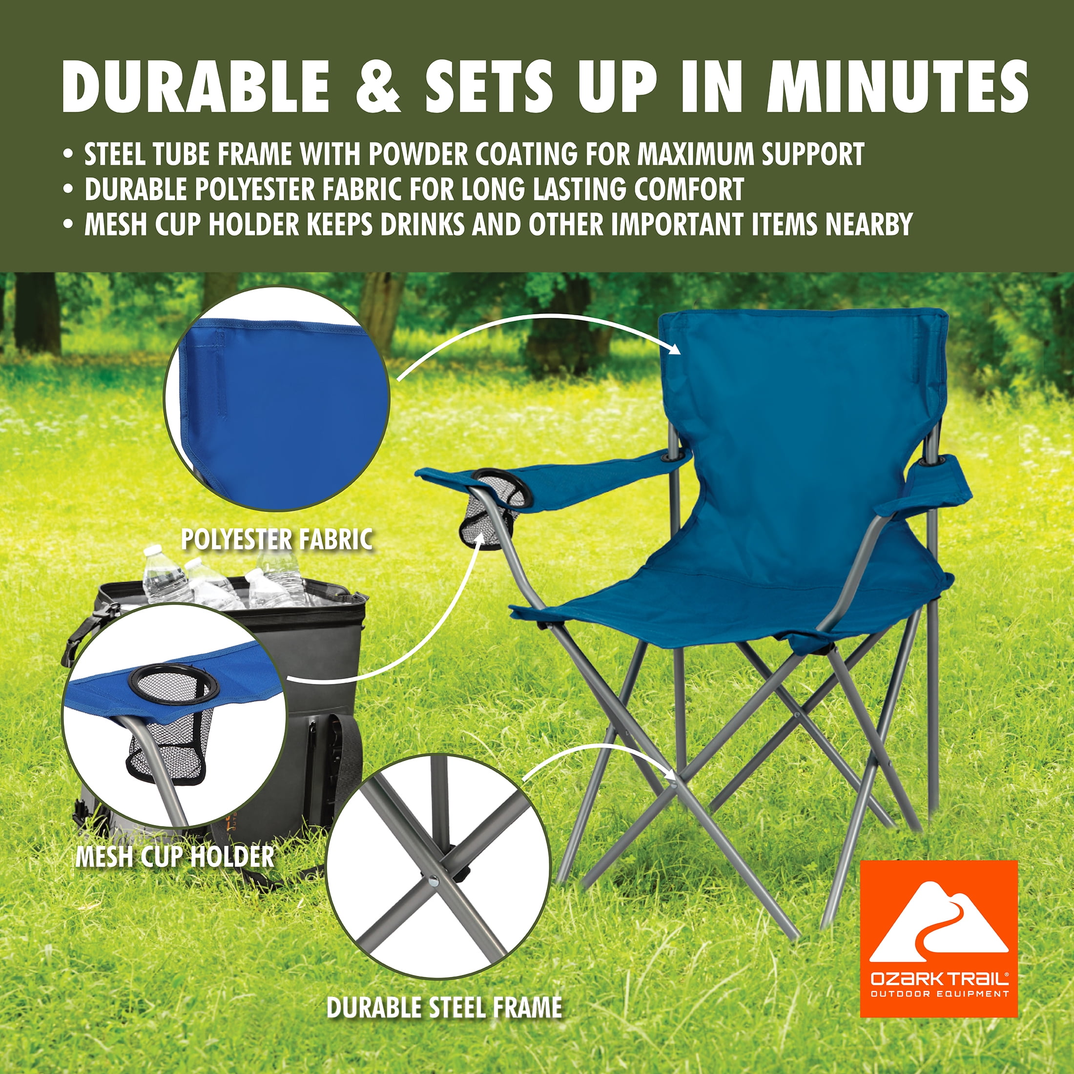 Ozark Trail Basic Quad Folding Camp Chair with Cup Holder, Blue