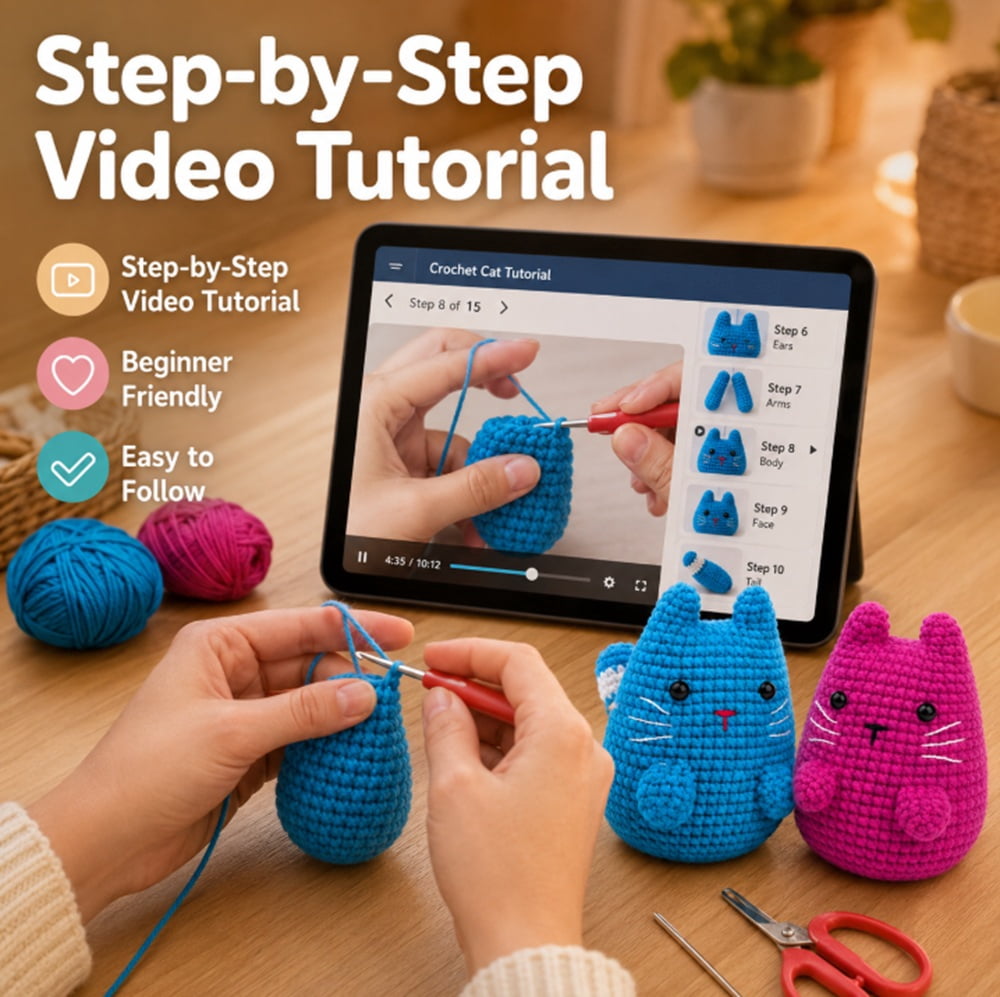 2 Pack Munchkin Cat Crochet Kit for Beginners, Cat Amigurumi Starter Set with Step by Step Video Tutorial, TIKA