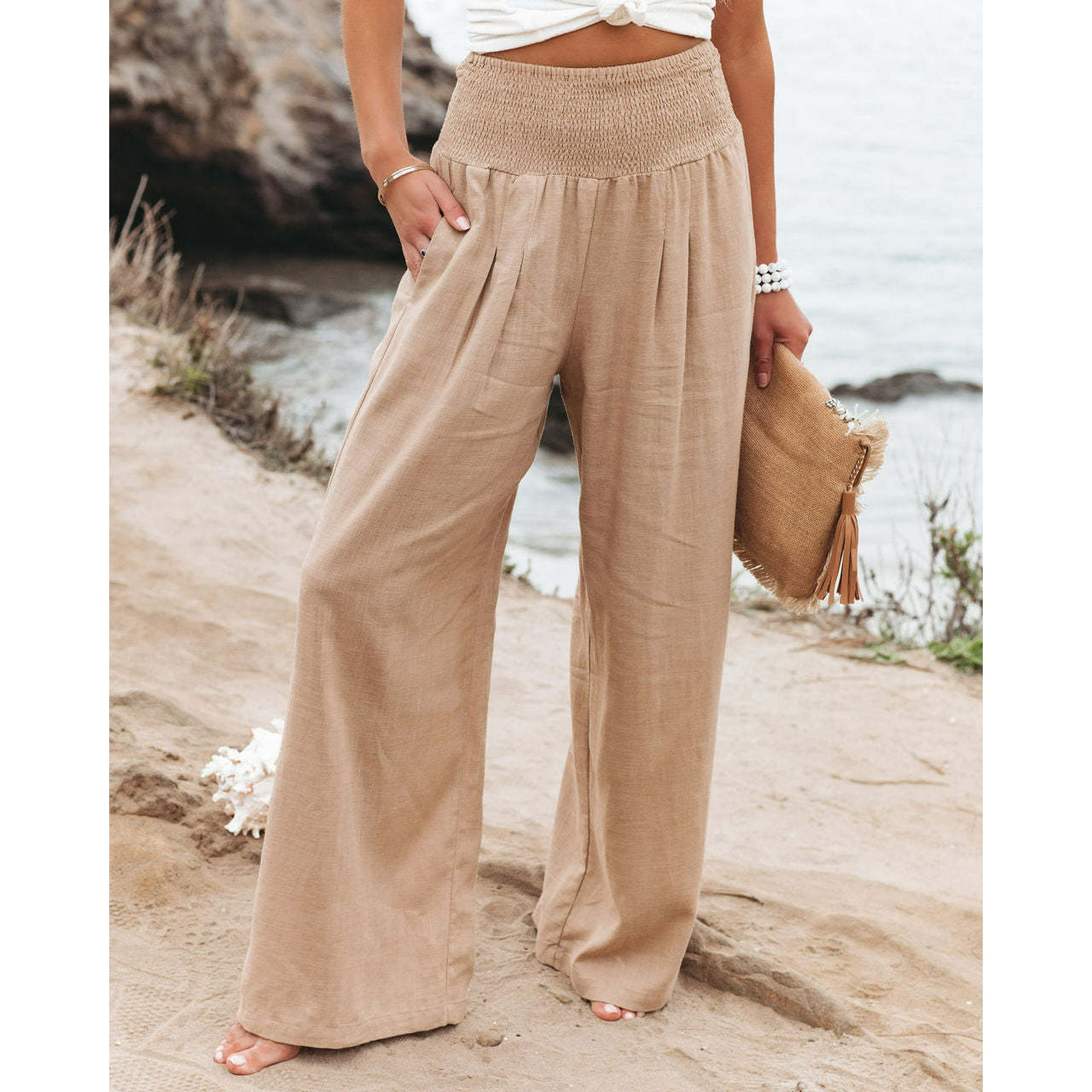Women s Wide leg Linen Pants Drawstring High waisted Court Pants Flowy Beach Slacks With Pockets Jinjin