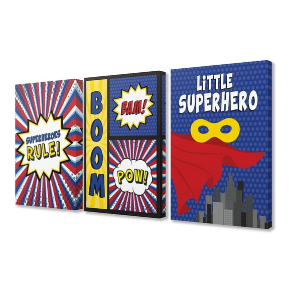 The Kids Room by Stupell Comic Book Red Blue and Yellow Little Superhero Set of 3 3pc Stretched Canvas Art Set, 16 x 1.5 x 20