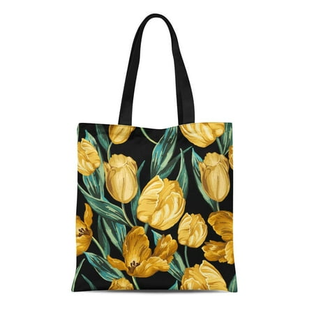 Yellow Gold Tulip ASHLEIGH Canvas Bag Resuable Tote Grocery Shopping Bags Green Pattern of Yellow Tulips on Flower Blossom Gold Vintage Tote Bag ()