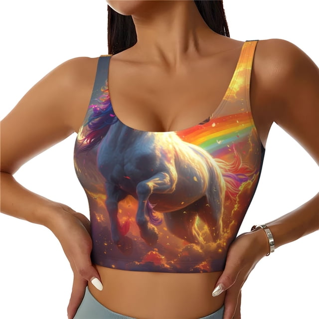 Balery Rainbow Sunset Cloud White Horse Sujetadores deportivos con espalda cruzada para mujer, acolchados, sin costuras, de alto impacto, ideales para yoga, gimnasio, entrenamiento y fitness.-Large